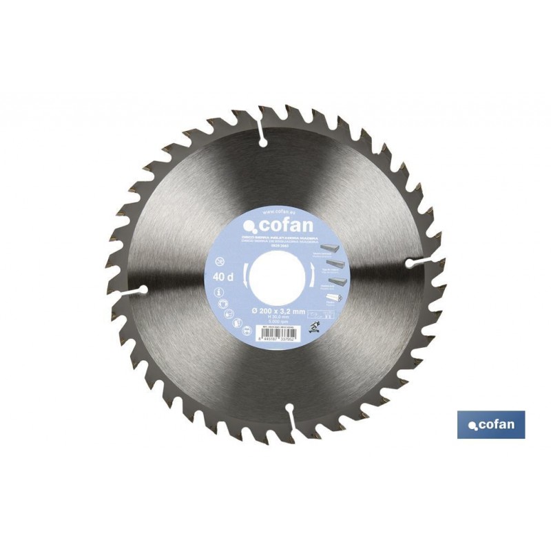 DISCO DE SIERRA INGLETADORA PARA MADERA Ø200 X 3,2 X 30 MM, 40 DIENTES