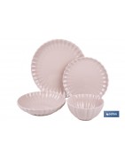 Vajilla de porcelana esmaltada en color rosa nude con diseño en relieve | Set de 16 piezas | Apta para lavavajillas, microondas