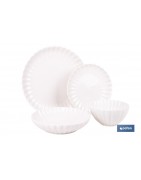 Vajilla de porcelana esmaltada de color blanco con diseño en relieve | Set de 16 piezas | Apta para lavavajillas, microondas y 