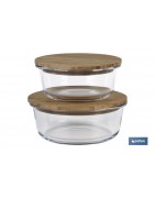 Set de 2 Fiambreras Redondas de Borosilicato | Modelo Bambú | Tapa de Bambú | Capacidad 620-950 ml