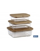 Set de 3 Fiambreras Rectangulares de Borosilicato | Modelo Bambú | Tapa de Bambú | Capacidad 640-1040-1520 ml